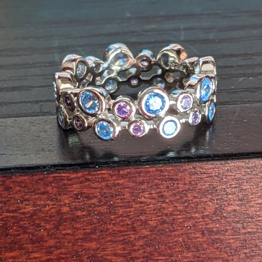 925 Sterling Silver Blue/Purple Gems Double Ring - Picture 4 of 6